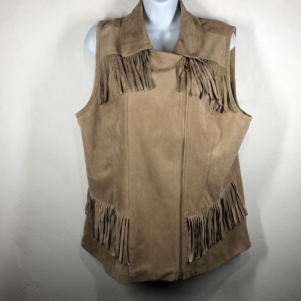 Chico’s tan fringe vest size Chico’s 2/Lar…